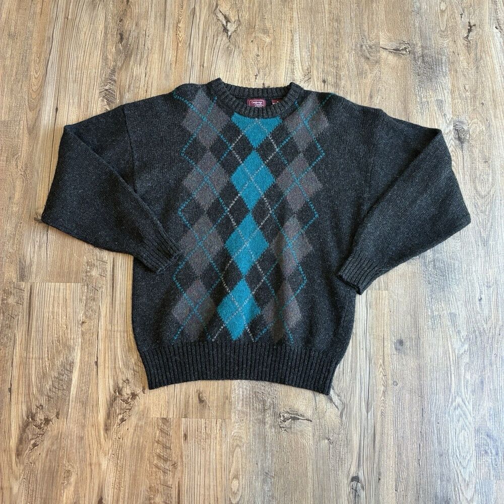 Cambridge Classics Men's XL Wool Knit Argyle Crewneck Pullover Sweater Gray